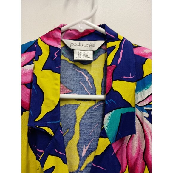 VTG 80s Paula Saker Dress Womens Size 14 Floral Colorful Tropical Midi - Picture 4 of 10